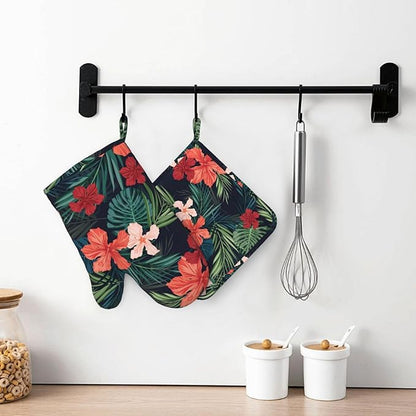 Tropic Hawaiian Hibiscus Flower Oven Mitts Pot Holders Set Silicone Heat Resistant Green Leaves Red Floral Oven Mitts and Hot Pads Potholders Non-Slip Oven Gloves for Cooking Baking Grilling