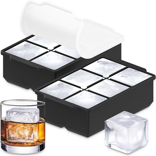 KitchFort Large Silicone Ice Cube Tray (2-Pack), Easy Release 2" Big Ice Cubes - Cocktail, Whiskey Ice Cubes Mold - Ice Trays for Freezer with Lid - Stackable Silicone Ice Tray - Black by KitchFort