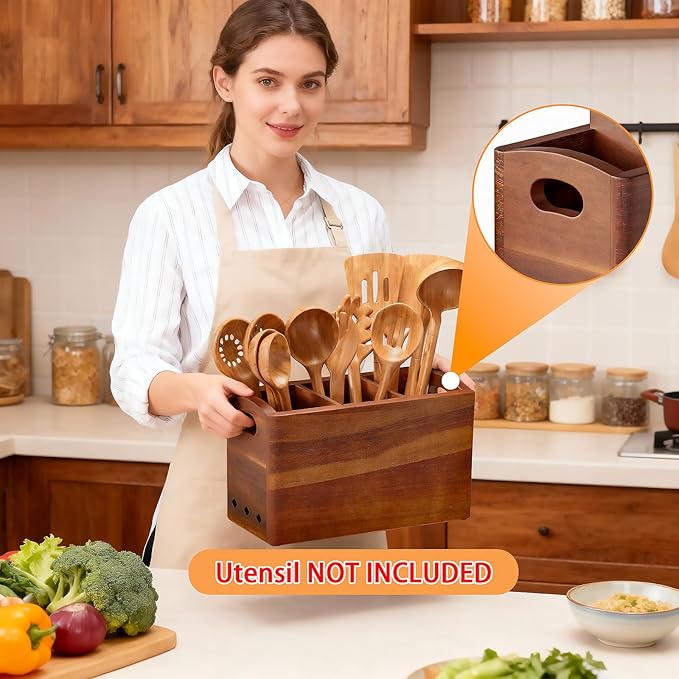 Natural Acacia Wood Utensil Holder for Kitchen Counter (Large), 3 Compartment with Removable Dividers 11.7"x7.1"x4.5", Large Cooking Utensil Organizer - Anti-Scratch Bottom - Image 6