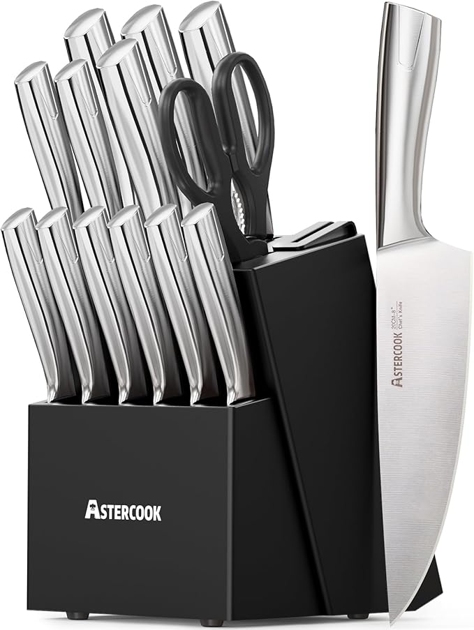 Astercook Knife Set, Kitchen Knives Set with Block and Sharpener Full Tang 15 Pcs Premium Stainless Steel Knives, Dishwasher Safe Knife Set with Anti-slip Ergonomic Handle, Black, Mothers Day Gifts by Astercook