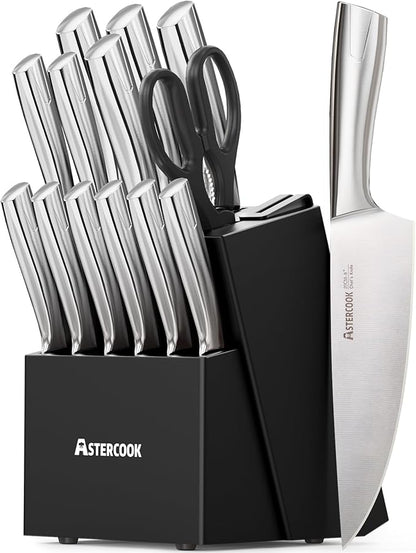 Astercook Knife Set, Kitchen Knives Set with Block and Sharpener Full Tang 15 Pcs Premium Stainless Steel Knives, Dishwasher Safe Knife Set with Anti-slip Ergonomic Handle, Black, Mothers Day Gifts by Astercook