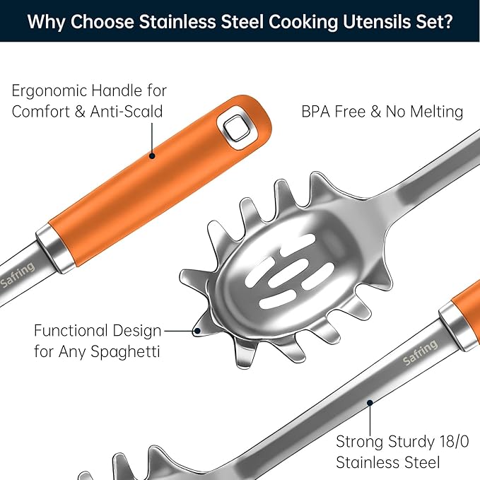 Safring Stainless Steel Soup Ladle and Spaghetti Spoon Set, Heat Resistant Rubber Handle, Dishwasher Safe, Kitchen Utensils for Cooking, Stirring, Serving Pasta, Soup & Sauce (Orange) - Image 3