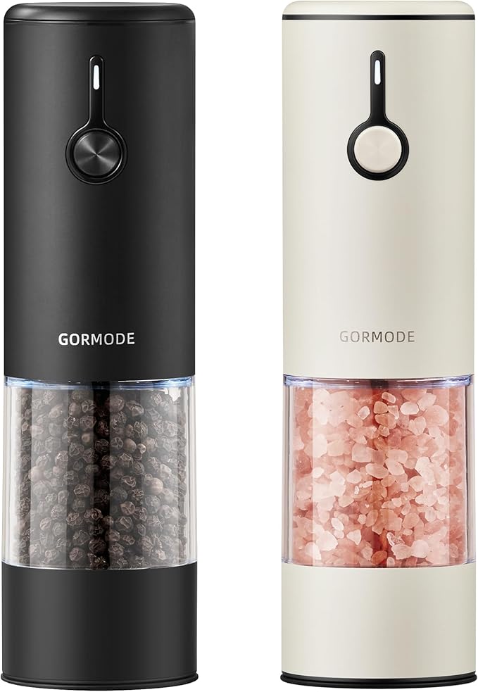 Stainless Steel Rechargeable Electric Salt and Pepper Grinder Set, USB Charging with Dust Cover, 6 Adjustable Grinding Modes + LED Light 2packBlack+Cream by GORMODEOfficial