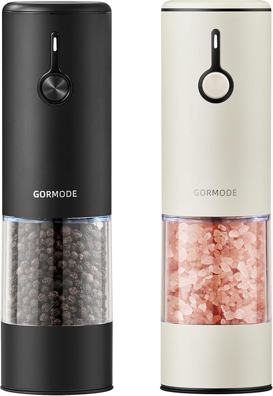 Stainless Steel Rechargeable Electric Salt and Pepper Grinder Set, USB Charging with Dust Cover, 6 Adjustable Grinding Modes + LED Light 2packBlack+Cream by GORMODEOfficial