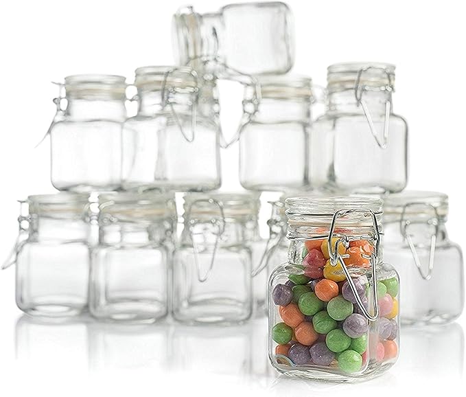 (3 oz) Small Square Glass Jars with Airtight Round Lids, Empty Spice Containers with Labels, Leak Proof Rubber Gasket and Hinged Lid, Chalkboard Label & Marker Included, For Home or Kitchen (12 Pack)