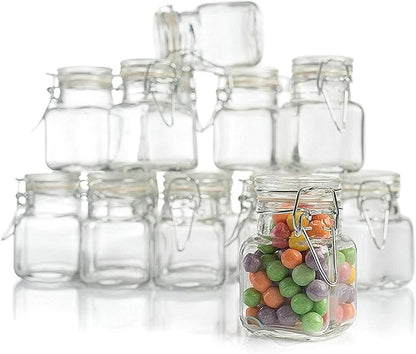 (3 oz) Small Square Glass Jars with Airtight Round Lids, Empty Spice Containers with Labels, Leak Proof Rubber Gasket and Hinged Lid, Chalkboard Label & Marker Included, For Home or Kitchen (12 Pack)