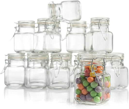 (3 oz) Small Square Glass Jars with Airtight Round Lids, Empty Spice Containers with Labels, Leak Proof Rubber Gasket and Hinged Lid, Chalkboard Label & Marker Included, For Home or Kitchen (12 Pack)