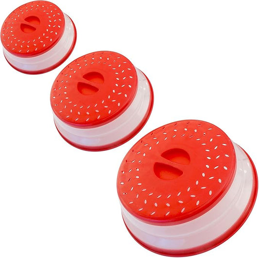 Collapsible Microwave Splatter Cover, Microwave Plate Cover With Steam Vent，BPA-Free Silicone & Plastic (red, Set of 3)