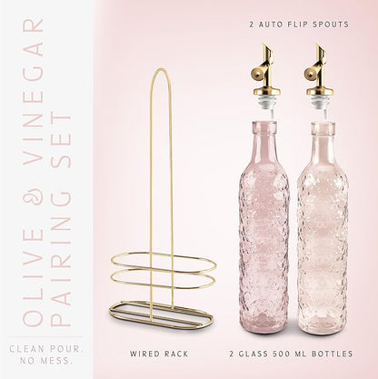 COOK WITH COLOR Glass Olive Oil Bottle Dispenser - 2 Pack- 17oz Oil and Vinegar Cruet - Olive Oil Carafe Decanter for Kitchen, Floral, Pink - Image 3