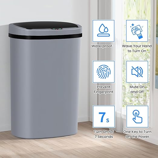 13 Gallon Trash Can | 50L Sensor Automatic Kitchen Trash Can with Lid | Touchless Garbage Bin Odor-Control for Kitchen, Office, Bedroom, Living Room (1 Pack, Gray) - Image 2
