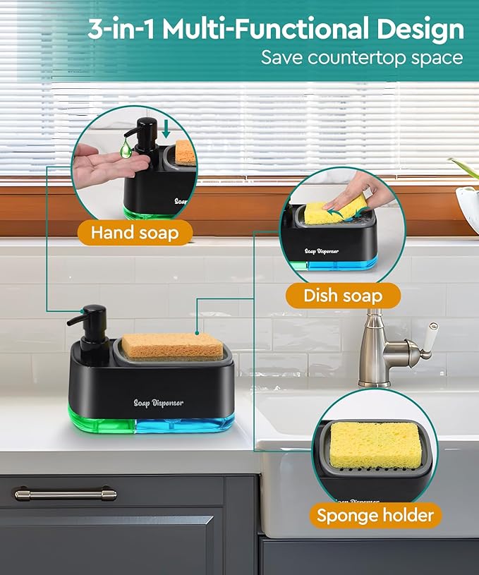 Kitchen Dish Soap Dispenser Set，Dish and Hand Soap Dispenser with Sponge Holder, 3-in-1 Countertop Sponge Dual Soap Pump Dispenser for Kitchen Sink - Black - Image 2