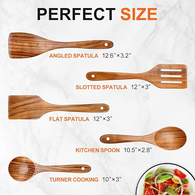 5 Pcs Best Wooden Spoons for Cooking Kitchen Utensils Set Acacia Wood Cooking Spatula Turner Non Toxic Utensil Slotted Serving Spoon Flat Spatulas Set Wooden Utensis Mixing Cooking Spoon Kitchen Tools - Image 7