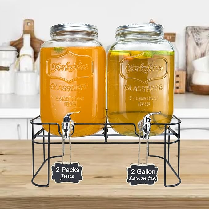2 Gallon Larger Glass Drink Dispenser for Parties, 2 Packs Juice Lemonade Ice Tea Water Dispenser with Stand, HENABLE Beverage Dispensers with Spigot for BBQ, Picnic, Party - Image 2