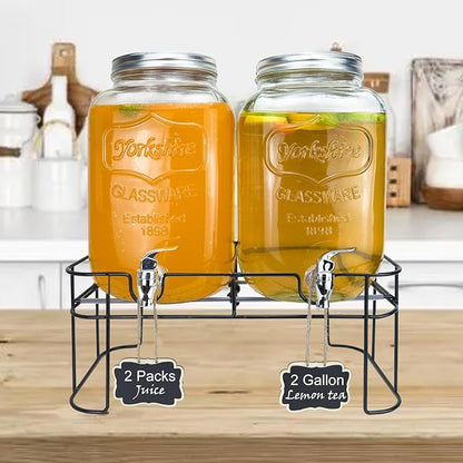 2 Gallon Larger Glass Drink Dispenser for Parties, 2 Packs Juice Lemonade Ice Tea Water Dispenser with Stand, HENABLE Beverage Dispensers with Spigot for BBQ, Picnic, Party - Image 2