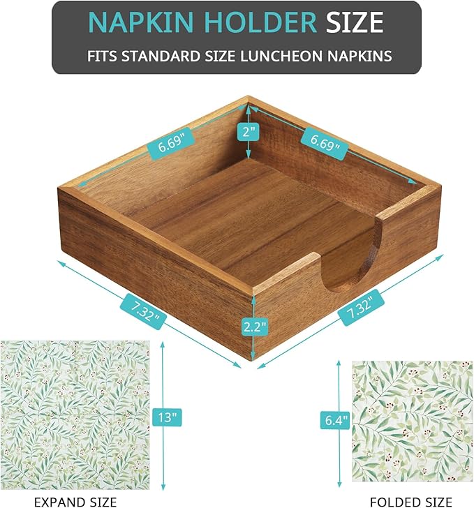 Acacia Wood Napkin Holder for Table, Napkins Holders For Paper Napkins, Flat Napkin Holder for Luncheon, Napkin Holders for Kitchen Dinner Table Decor, Napkin Dispenser for Indoor & Outdoor Use