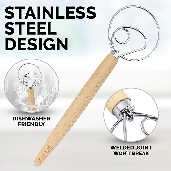 Zulay Kitchen 13-Inch Danish Dough Whisk - Stainless Steel Wooden Whisk with Dough Hook - Sourdough Whisk for Bread, Pizza, Pastry, Cake Batter & More - Wood - Image 6