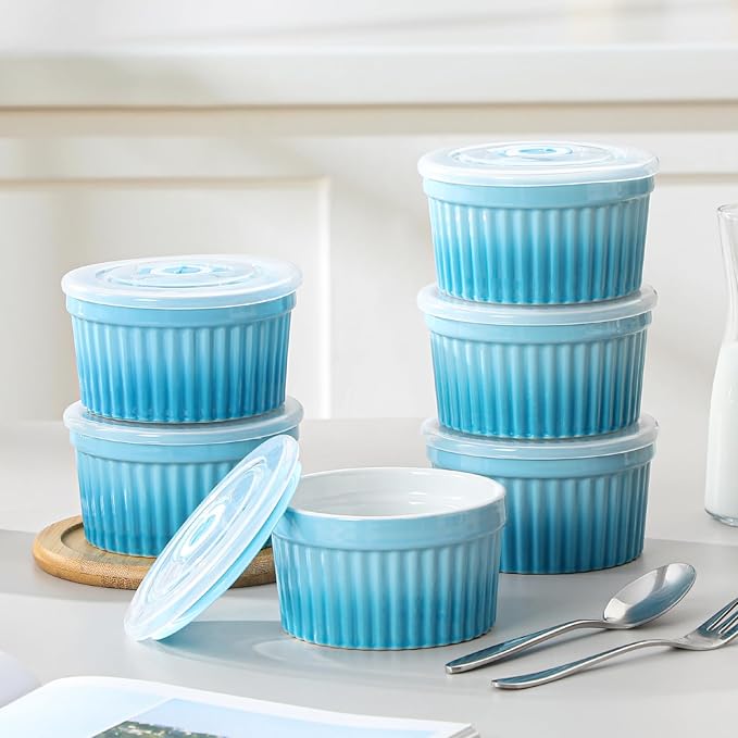 vancasso 8 oz Ramekins with Lid, Porcelain Creme Brulee Souffle Dishes, Blue Pudding Custard Cups Ramiken for Baking, Dishwasher and Oven Safe, Set of 6 - Image 6