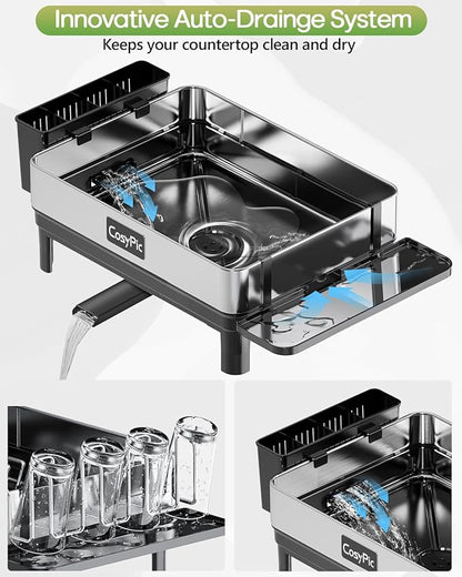 Dish Racks, Thicker Premium 304 Stainless Steel Dish Drying Rack for Kitchen Counter, Automatic Drainage Spout, Dish Drainer & Drainboard Set with Utensil Holder and Cup Holder, Black - Image 4