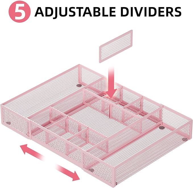 Marbrasse Expandable Desk Drawer Organizer, Mesh Tray with 10 Adjustable Compartments, Desk Organizers for Office Supplies, Makeup & Vanity (Expandable-Pink) - Image 3