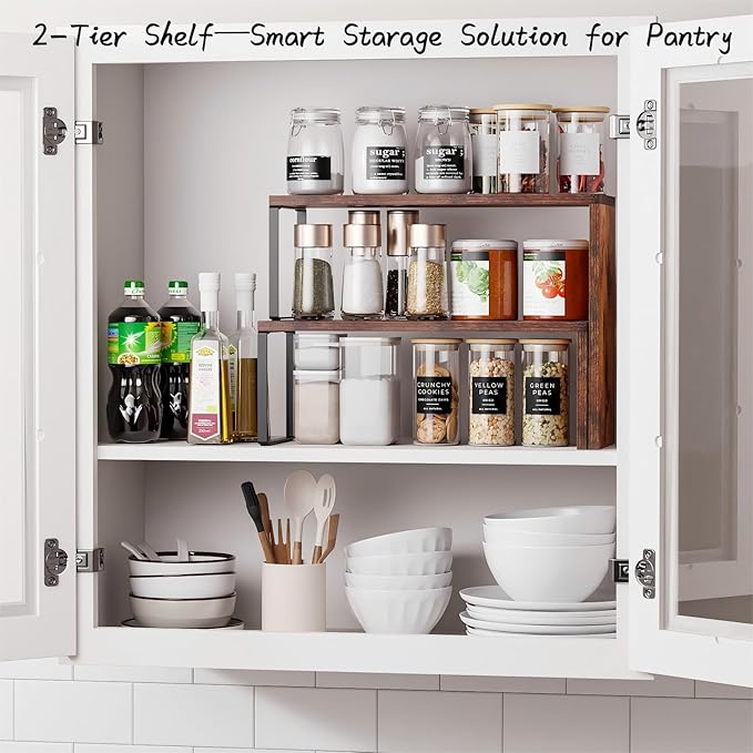 Kitchen Countertop Organizer, Spice Rack Cabinet Organizer Shelf Stackable Counter Corner Shelves Organization and Storage for Pantry, Counter top, Coffee Station Wood Rustic Brown - Image 4