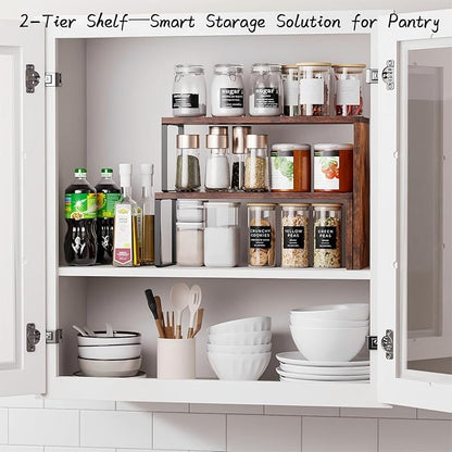 Kitchen Countertop Organizer, Spice Rack Cabinet Organizer Shelf Stackable Counter Corner Shelves Organization and Storage for Pantry, Counter top, Coffee Station Wood Rustic Brown - Image 4