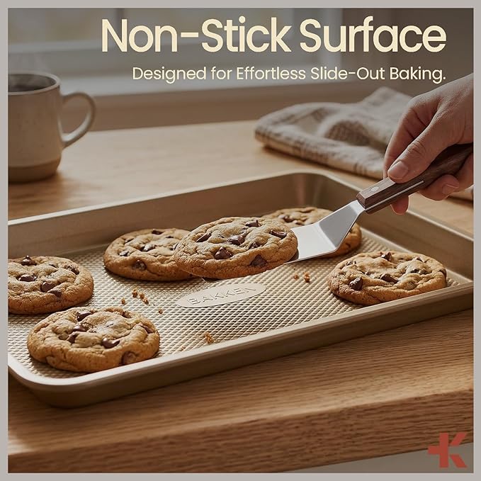 Diamond Bottom Cookie Sheet Set of 2, Nonstick Gold Carbon Steel Baking Pans for Crisp Baking, Space-Saving Stackable Trays, PFOA, PFOS, PTFE Free, Oven Safe Up to 450°F, Small & Medium Pans - Image 5