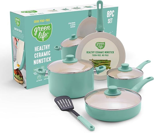 GreenLife 8 Piece Nonstick Cookware Set, Non-Toxic PFAS-Free Ceramic Pots & Pans, Dishwasher & Oven Safe, Frying, Sauce, Stock Pot, Glass Lids, Stay-Cool Handles, Wobble Free, Turquoise