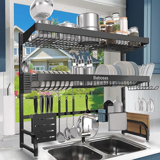 Over The Sink Dish Drying Rack,3 Tier Adjustable Length (25.5'' to 37.4'') Full Stainless Steel Large Storage Kitchen Dish Rack,for Kitchen Counter,Expandable Multifunctional Organizers,Black