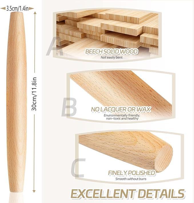 French Rolling Pin for Baking - Tuyotue 11.8 Inches Beech Wood Tapered Rolling Pin Dough Roller for Pizza Dough, Pie Crust Cookie Fondant Dumpling - Image 2