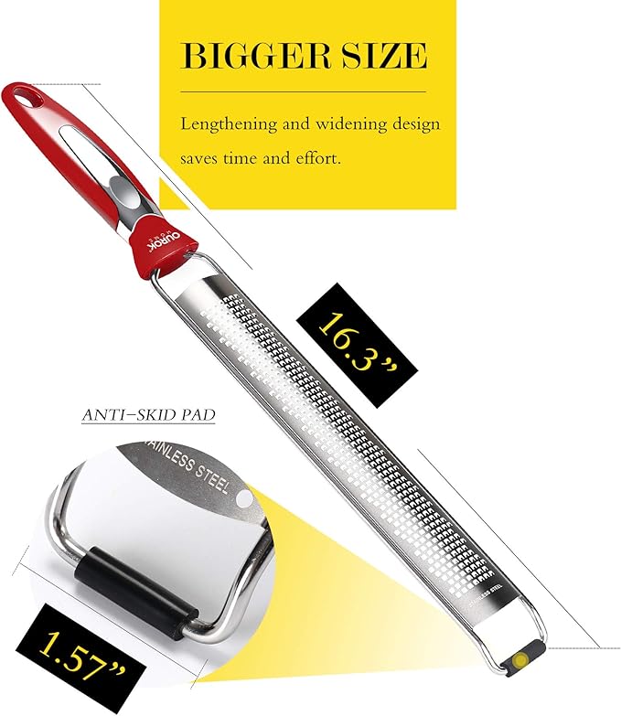 Ourokhome Kitchen Lemon Zester, Stainless Steel Hand Held Parmesan Cheese Grater for Ginger, Chocolate, Coconut, Lime, Nutmeg, Citrus, Fruit, Vegetable with Cleaning Brush, Dishwasher safe, Red - Image 4