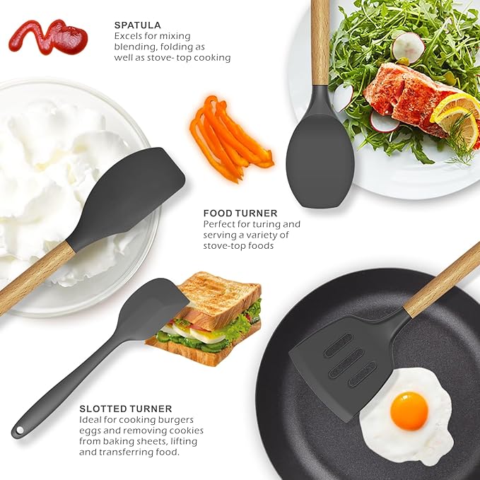 oannao Silicone Cooking Utensils Kitchen Utensil Set - 446°F Heat Resistant Silicone Kitchen Utensils Set, Spatula,Turner Tongs, Spoon, Whisk,Kitchen Gadgets for Nonstick Cookware, BPA Free (Gray) - Image 3