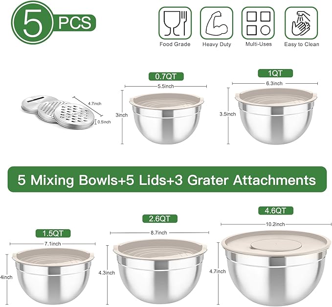 TeamFar Mixing Bowls with Airtight Lids, 5PCS Stainless Steel Metal Salad Bowl with 3 Grater Attachments, for Cooking, Prepping, Serving, Healthy & Easy Clean - 0.7/1/1.5/2.6/4.6QT, Khaki - Image 2