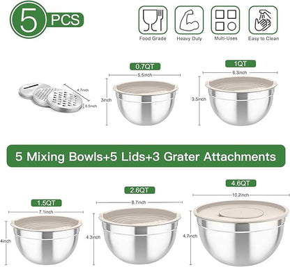TeamFar Mixing Bowls with Airtight Lids, 5PCS Stainless Steel Metal Salad Bowl with 3 Grater Attachments, for Cooking, Prepping, Serving, Healthy & Easy Clean - 0.7/1/1.5/2.6/4.6QT, Khaki - Image 2