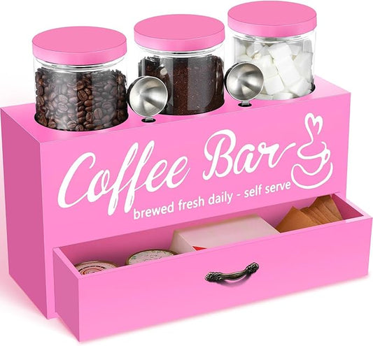 3 Pcs Coffee Bar Containers Set Include Coffee Sugar Container with Lid and Spoon and Double Layer Storage Box with Drawer for Bar Kitchen Countertop (Pink)