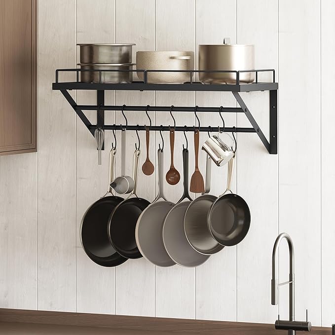 YATINEY Wall Mounted Pot Rack, 23.8 Inch Pot and Pan Organizer with 2 Tier Hanging Rails, 12 S-Hooks, Metal Pot Rack for Kitchen Cookware Organizer, Space Saving, for Kitchen Utensils, Black PR01BK - Image 2