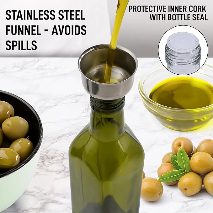 Zulay Kitchen 17oz Olive Oil Dispenser Bottle – Glass Oil Cruet with Spout, Funnel & Pourers, Easy-Pour Decanter for Kitchen Cooking and Serving (Green) - Image 2