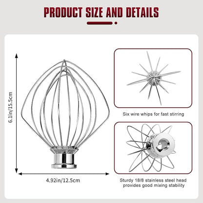 Whole Stainless Steel K45WW Whisk Attachment for KitchenAid 4.5-5 Tilt-Head Mixer, Dishwasher Safe Wire Whip for Kitchen Aid