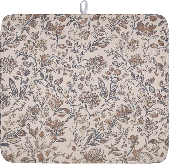 Vintage Floral Dish Drying Mat for Kitchen Counter Brown Antique Flower Microfiber Dish Drainer Mat Rustic Neutral Absorbent Washable Drying Pad 16"x18"