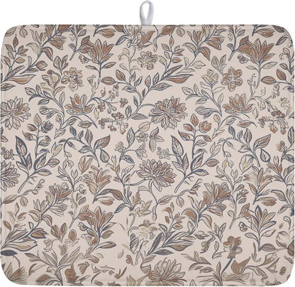 Vintage Floral Dish Drying Mat for Kitchen Counter Brown Antique Flower Microfiber Dish Drainer Mat Rustic Neutral Absorbent Washable Drying Pad 16"x18"
