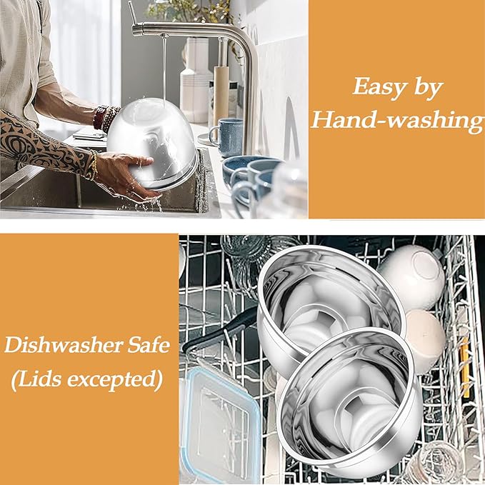 TeamFar Mixing Bowls, Stainless Steel Nesting Salad Bowls with Lids Set of 3 & 3 Grater Attachments, For Mixing/Serving/Storing, Non-toxic & Long-lasting, Size 4.6/3 / 1.5 QT, Khaki - Image 5