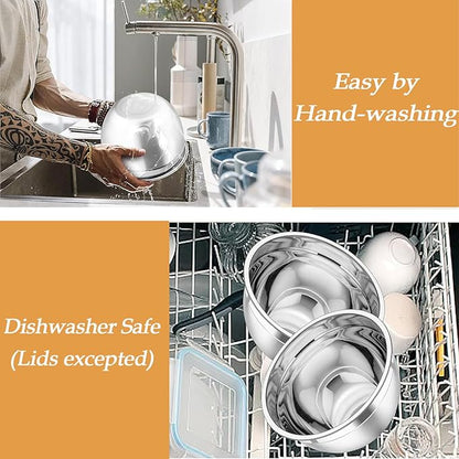 TeamFar Mixing Bowls, Stainless Steel Nesting Salad Bowls with Lids Set of 3 & 3 Grater Attachments, For Mixing/Serving/Storing, Non-toxic & Long-lasting, Size 4.6/3 / 1.5 QT, Khaki - Image 5