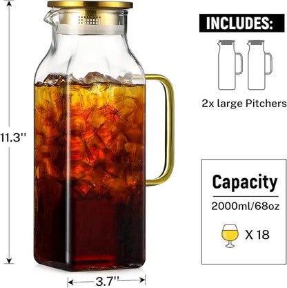 2 Pack 2 Liters/68 oz Square Glass Pitcher with Lid and Handle for Fridge, Iced Tea and Coffee Carafe Beverage Serveware, Heat Resistant Borosilicate Water Gold Jug for Hot/Cold Drinks and Milk - Image 2