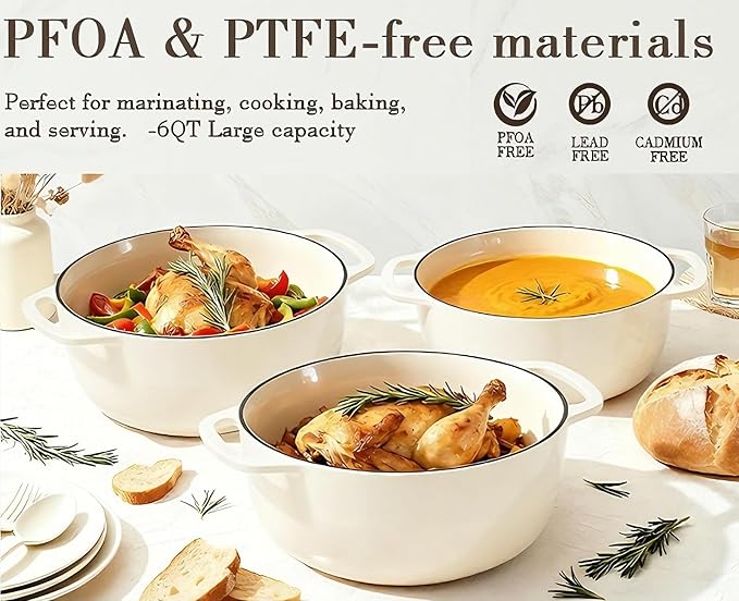 Umite Chef 6QT Enameled Cast Iron Dutch Oven with Lid, Versatile Heavy-Duty Cookware Pot for Baking Bread, Braising, Soups & Stews, Oven & Stovetop Safe with Heat Resistant Gloves（Cream White） - Image 5