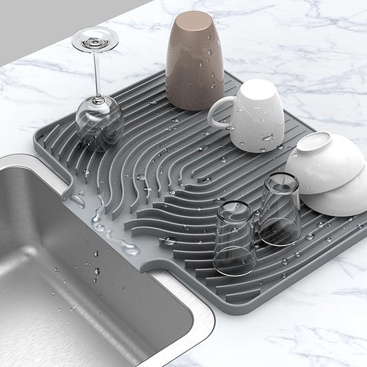 Silicone Drying Mat for Kitchen Counter , Dish Drying Rack Matt with Built in Drain, Small Dry Mats for Dishes Drying Pad for Kitchen Counter (20×15.7inch Extra Large, gray)
