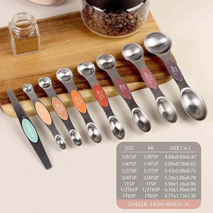 ChefAide Pack of 8 Stainless Steel Magnetic Measuring Spoons Set, Dual Sided, Stackable, Adjustable Teaspoon and Tablespoon Measure Spoon with Leveler, Kitchen Gadgets - Image 2