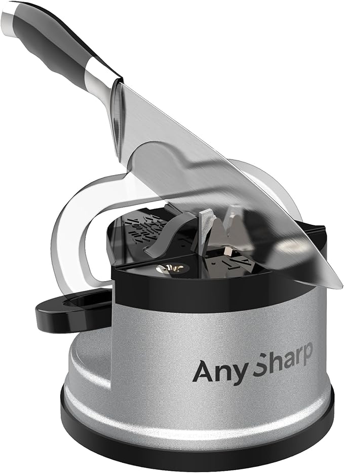 AnySharp – GLOBAL – Hands Free Knife Sharpener - Easy to Use Sharpening Tool with PowerGrip Suction Base and 20-Degree Pre-set Angle - For All Knives: Chef’s, Serrated, and Hardened Steel - Silver - Image 3