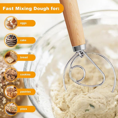 Aqdocvf 2-Pack Danish Dough Whisk, 13-Inch Dutch Whisk with Stainless Steel Ring, Dutch Bread Whisks for Sourdough, Pizza, Pastry, and Cookies, Essential Kitchen Cooking Safe Mixing Tool