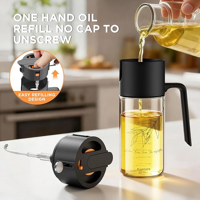 PLAPITATE 2Pcs 17oz Premium Olive Oil Sprayer for Cooking, 2 in 1 Glass Olive Oil Dispenser Bottle for Kitchen Gadgets, Spray Bottle with Portion Control for Salad, Frying, BBQ (Black & Blue)