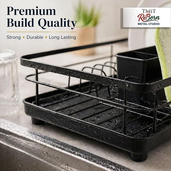 Metal Dish Drying Rack for Kitchen Counter, Black, Sink Organizer with Cutlery Holder, Kitchen Storage and Organization Essentials, 11.8 x 15.7 Inch