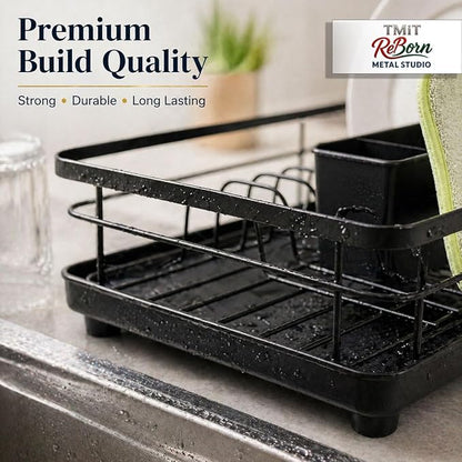 Metal Dish Drying Rack for Kitchen Counter, Black, Sink Organizer with Cutlery Holder, Kitchen Storage and Organization Essentials, 11.8 x 15.7 Inch